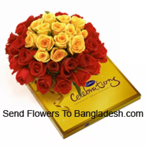 Snop od 24 crvene i 12 žutih ruža s sezonskim punilima uz prekrasnu kutiju Cadbury čokolada