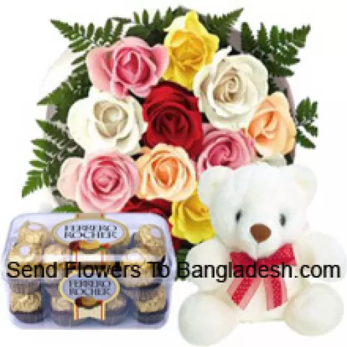 Tros van 12 rode rozen met seizoensgebonden opvullers, een schattige 12 inch hoge witte teddybeer en een doos met 16 stuks Ferrero Rochers