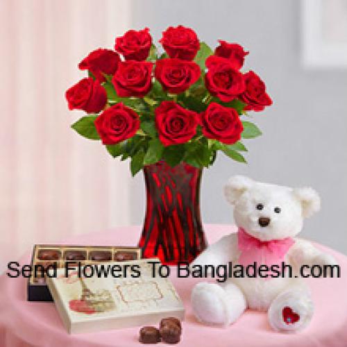 12 Hermosas Rosas Rojas con Peluche y Chocolates