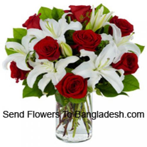 Cute Red Roses and White Lilies