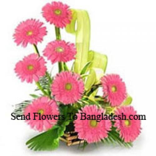 Basket Containing 9 Pink Gerberas