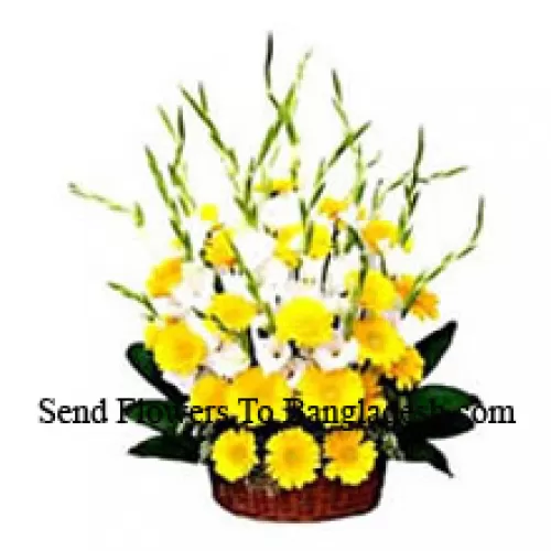 סל פרחים עונתיים עם גרברות צהובות