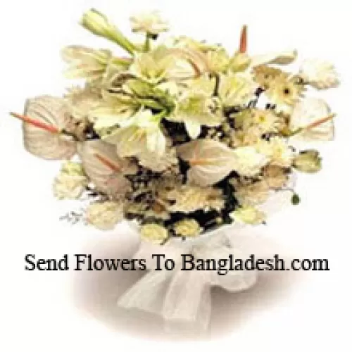 一束白百合、白火龙花、白康乃馨和白玫瑰，搭配时令花材