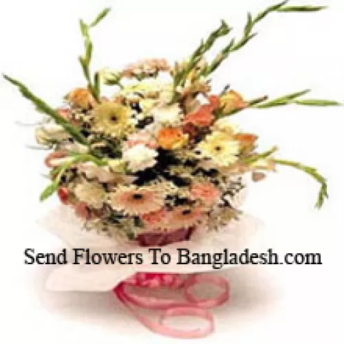 Strauß aus verschiedenen Blumen, einschließlich Gänseblümchen und Gladiolen