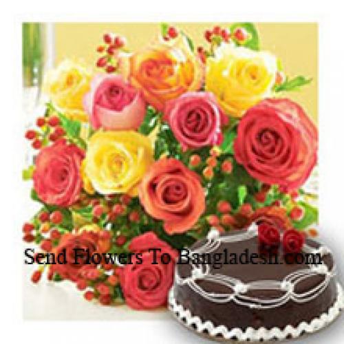 12 Mixed Roses with Yummy Chocolate Cake