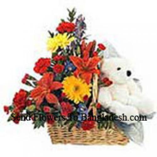 Basket of Assorted Flowers with Teddy Bear