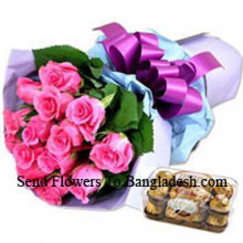 12 Pink Roses with Yummy 16 Pcs Ferrero Rochers