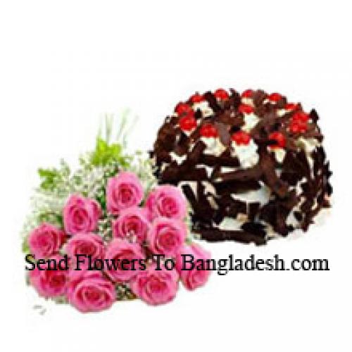 12 Pink Roses with Tasty Chocolate Crisp Cake