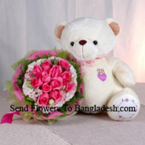 12 Pink Roses mit süßem, liebevollem Teddy