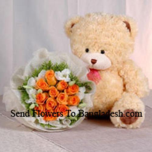 12 Orange Roses with Cute Teddy Bear