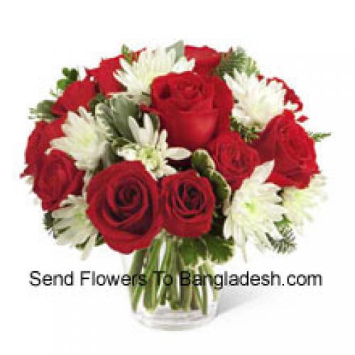 Red Roses and Cute chrysanthemums in Vase