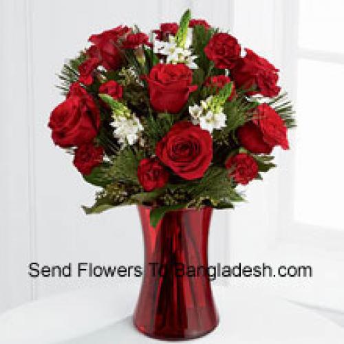 Roses and Assorted Greenery in Red Vase