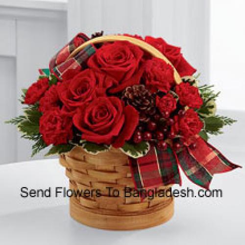 Wooden Basket of Roses and Carnations with Assorted Flowers