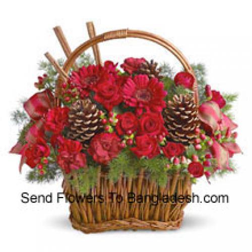 Beautiful Basket of Red Flowers with Pinecones